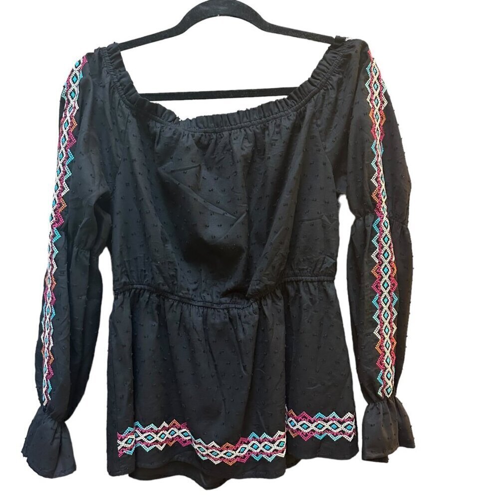 NWT Savanna Jane Top‎ Embroidered Long Sleeve Boho Blouse Black Ruffle Sleeve M